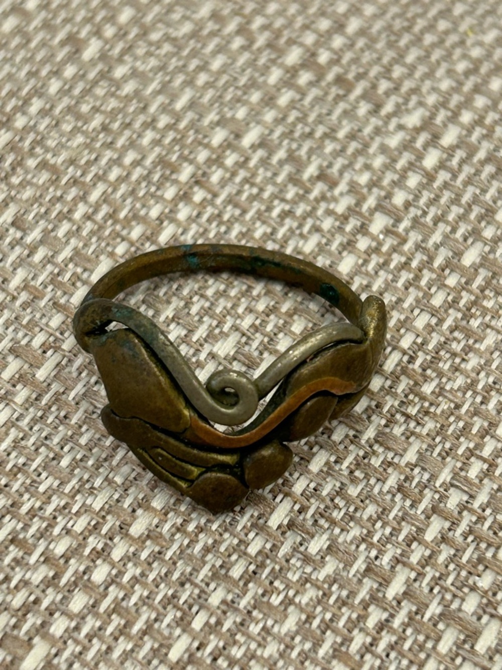 Antique-Inspired Brass and Copper Brutalist Ring